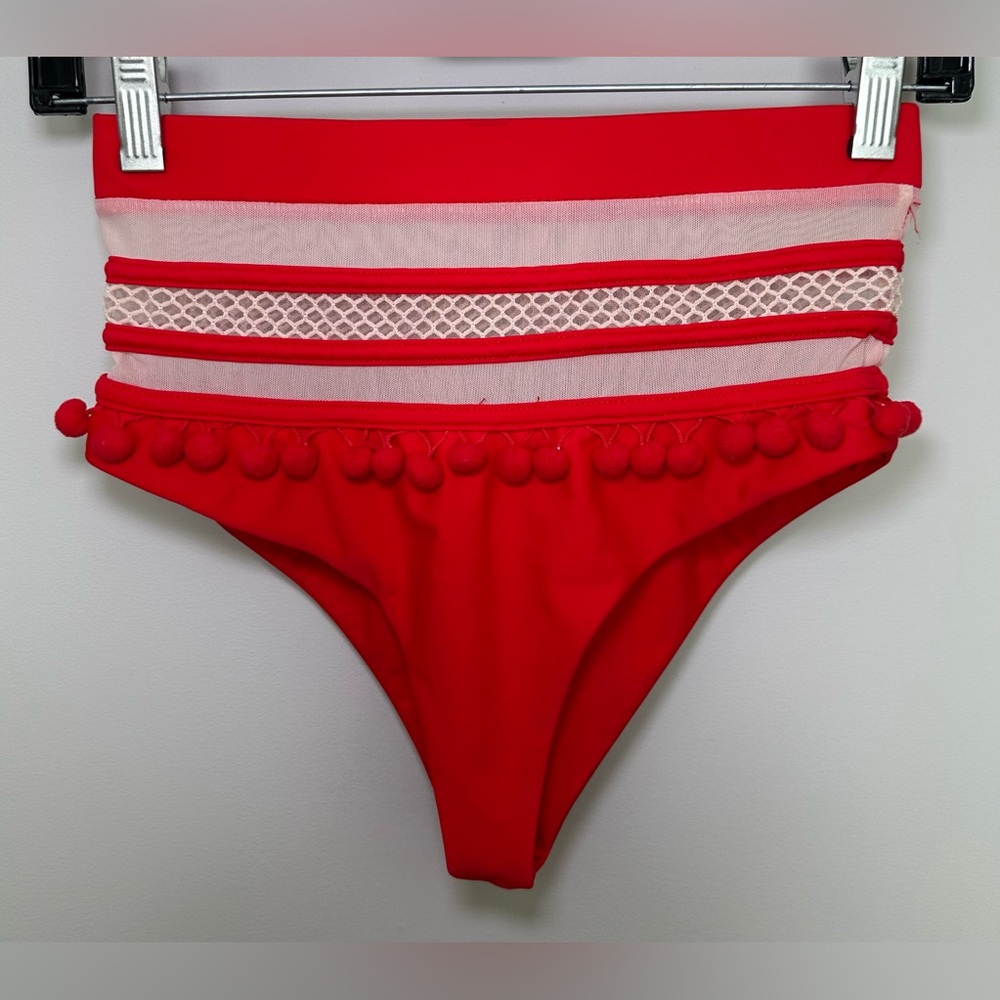 Tularosa‎ Revolve Nina Red White Mesh Pom Pom Bikini Bottoms XS Boho Festival